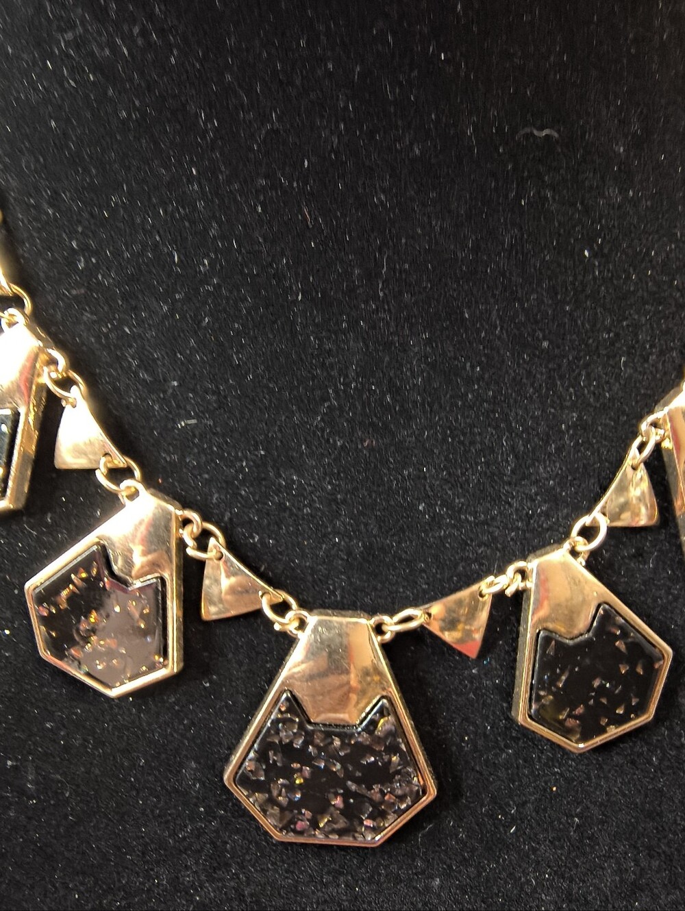 Gold Tone Geometric Faux Druzy Statement Necklace Black Resin Glitter Bib